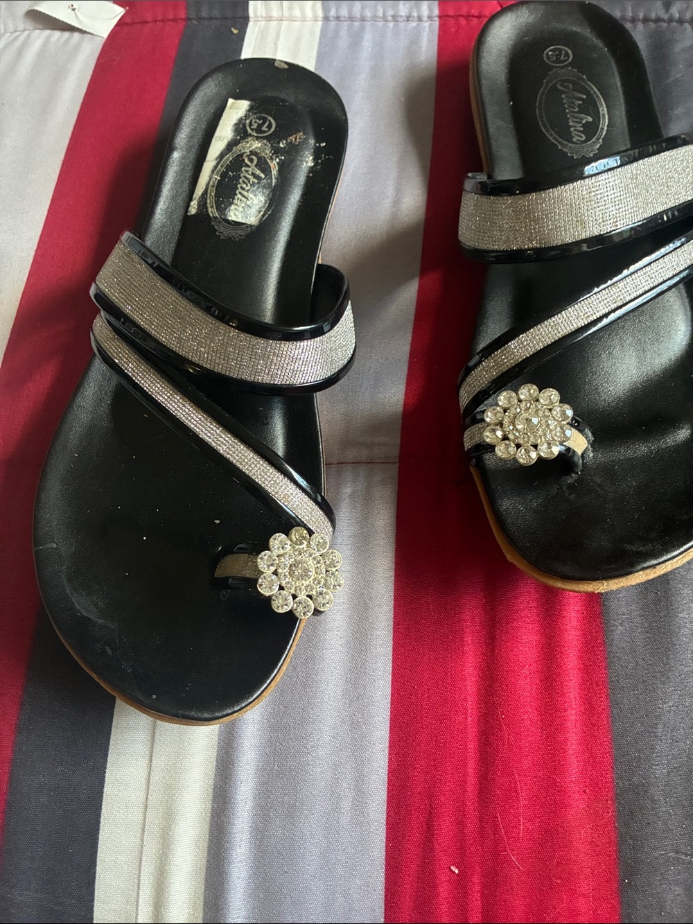 Women's Black Slide Sandals with Silver Crystal Accent